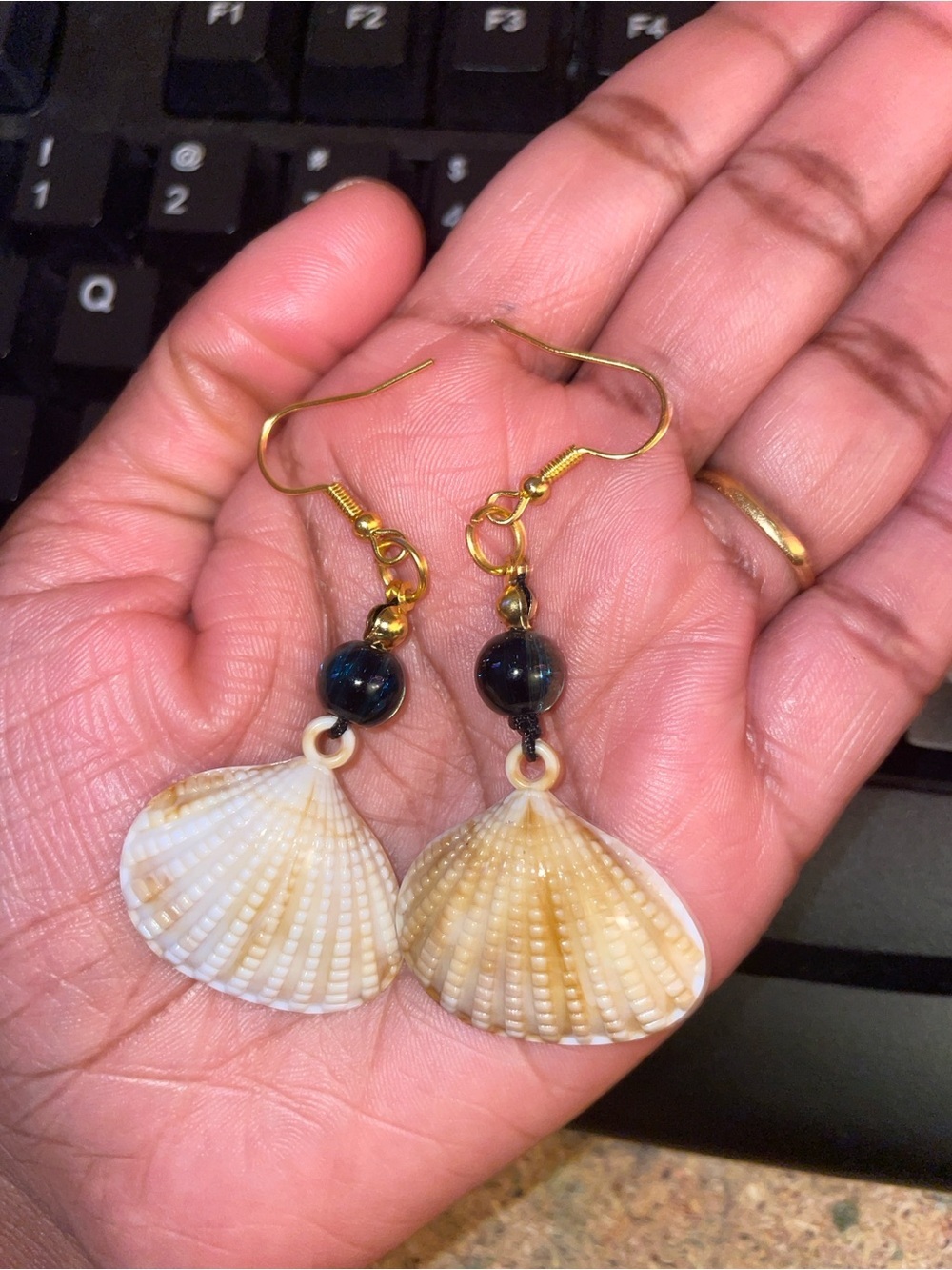 Natural Seashell Dangle Earrings with Dark Iridescent Beads
